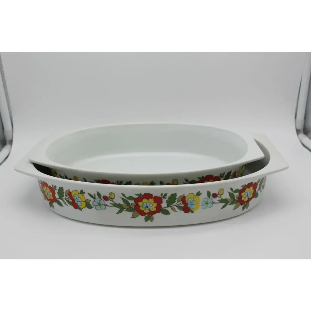 Set of 2 Vtg Real Calorama Floral Genuine Porcelain Oven Ware 64 oz & 48 oz Oval